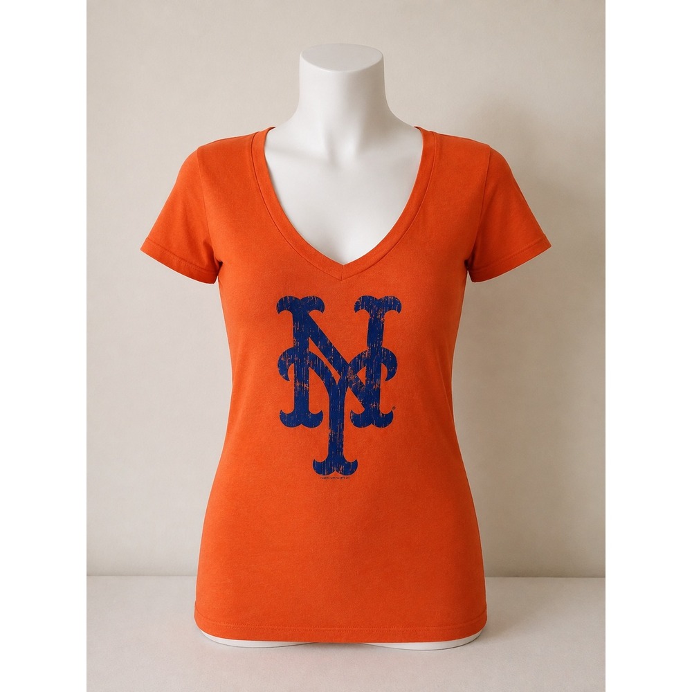 MLB Genuine Merchandise New York Mets V-Neck Graphic T-Shirt Orange Womens S